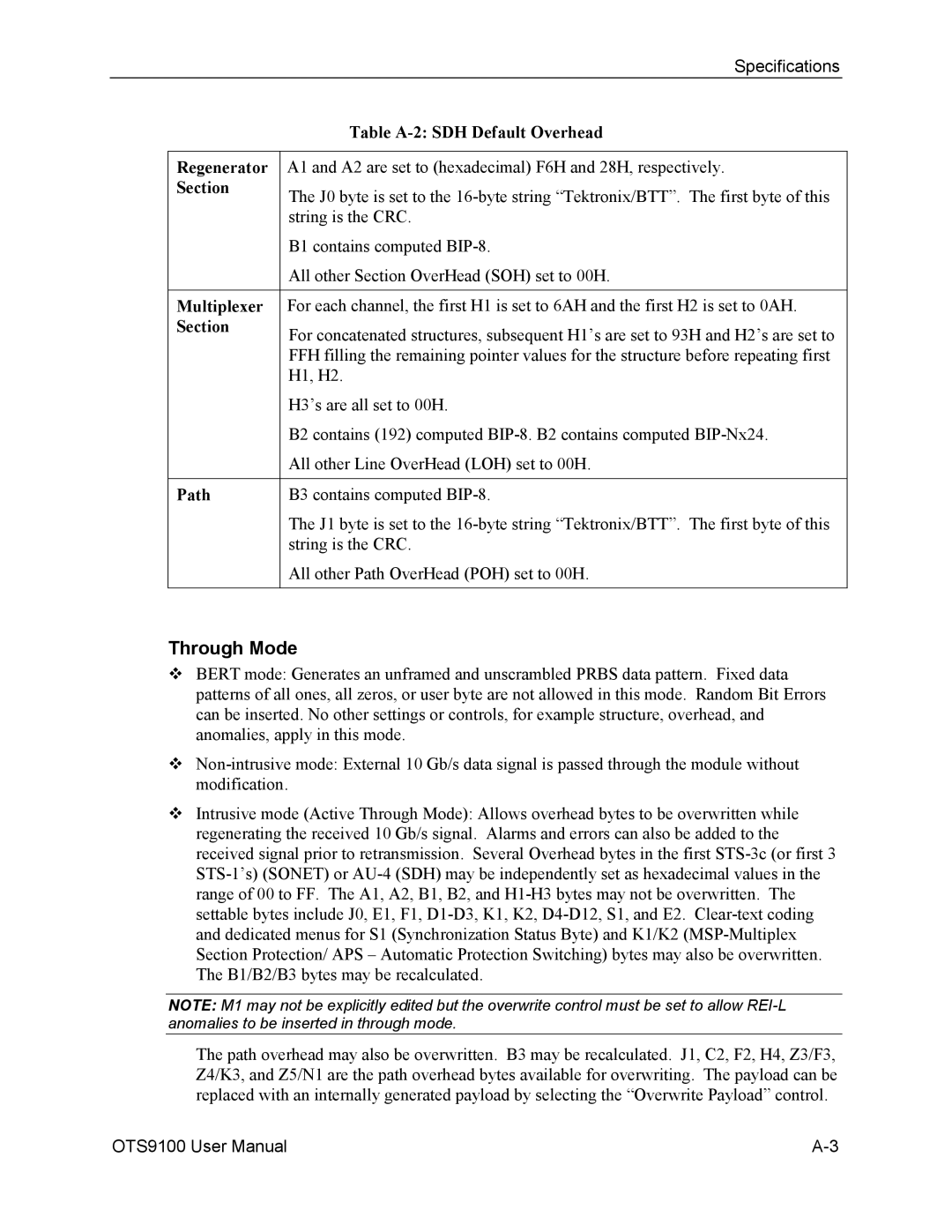 Tektronix 071-0855-05 user manual Through Mode, Table A-2 SDH Default Overhead Regenerator, Multiplexer 