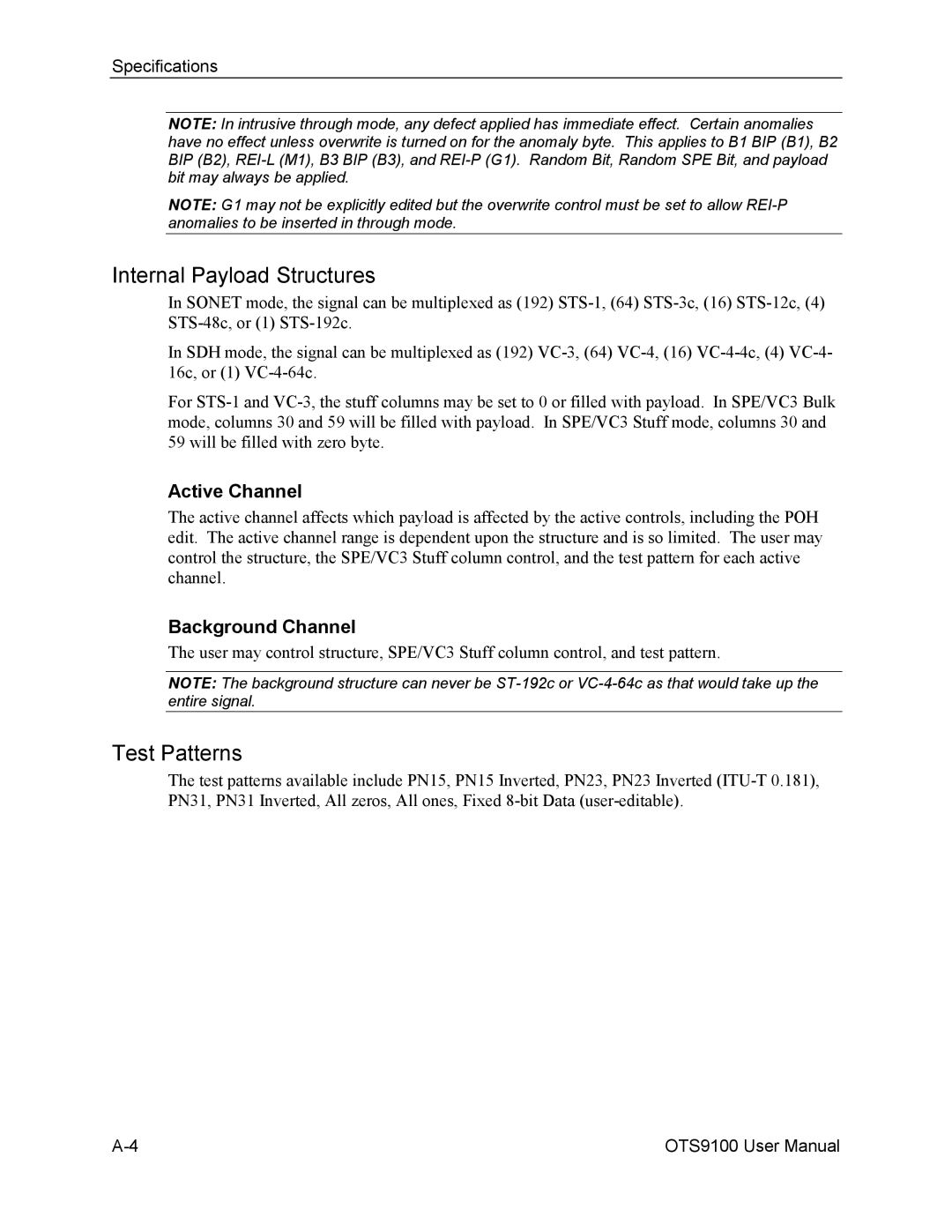 Tektronix 071-0855-05 user manual Internal Payload Structures, Test Patterns, Active Channel, Background Channel 