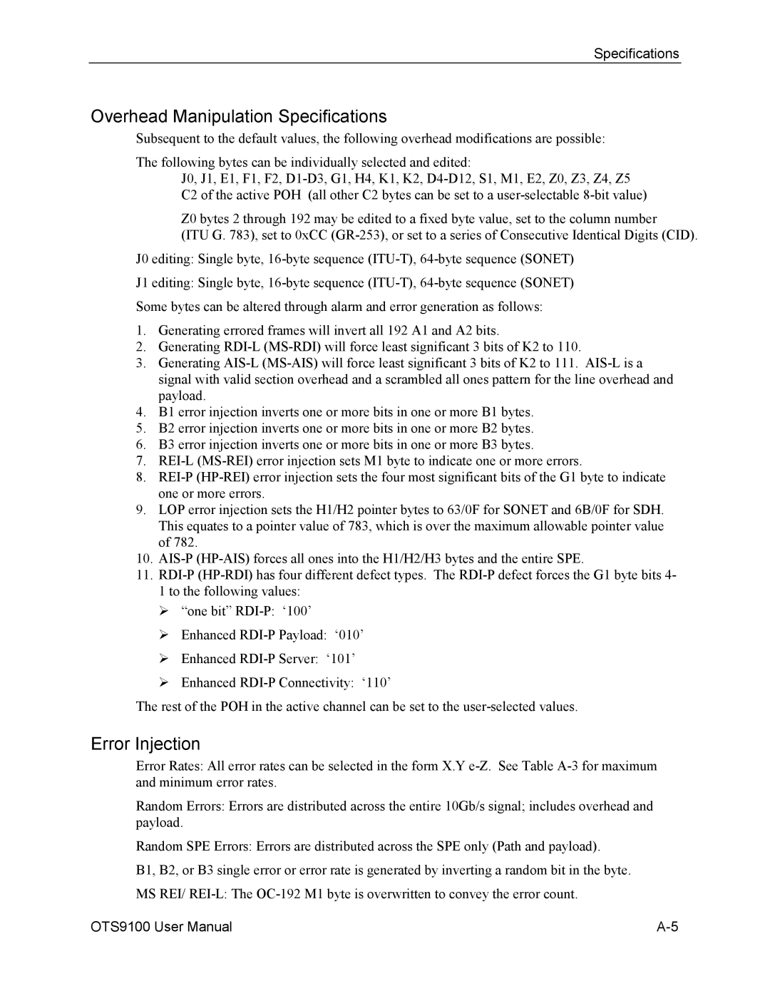 Tektronix 071-0855-05 user manual Overhead Manipulation Specifications, Error Injection 