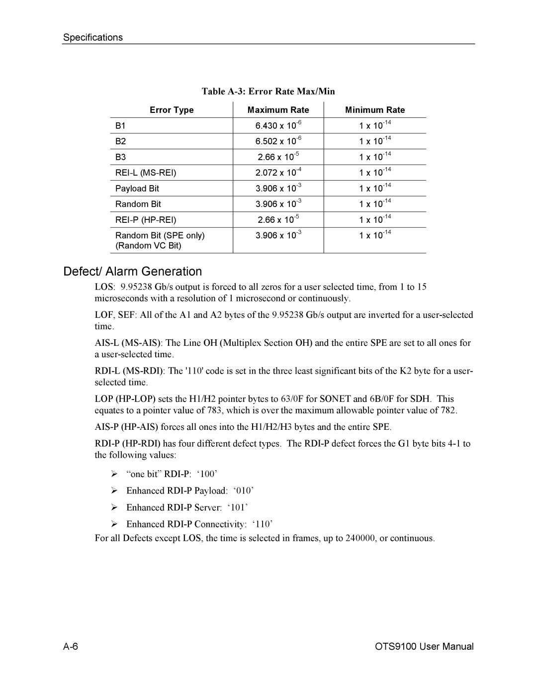 Tektronix 071-0855-05 user manual Defect/ Alarm Generation, Table A-3 Error Rate Max/Min 