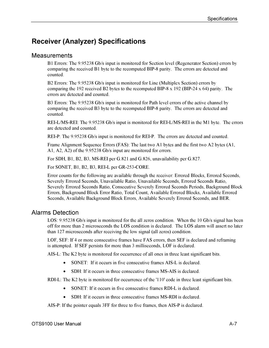 Tektronix 071-0855-05 user manual Receiver Analyzer Specifications, Measurements, Alarms Detection 