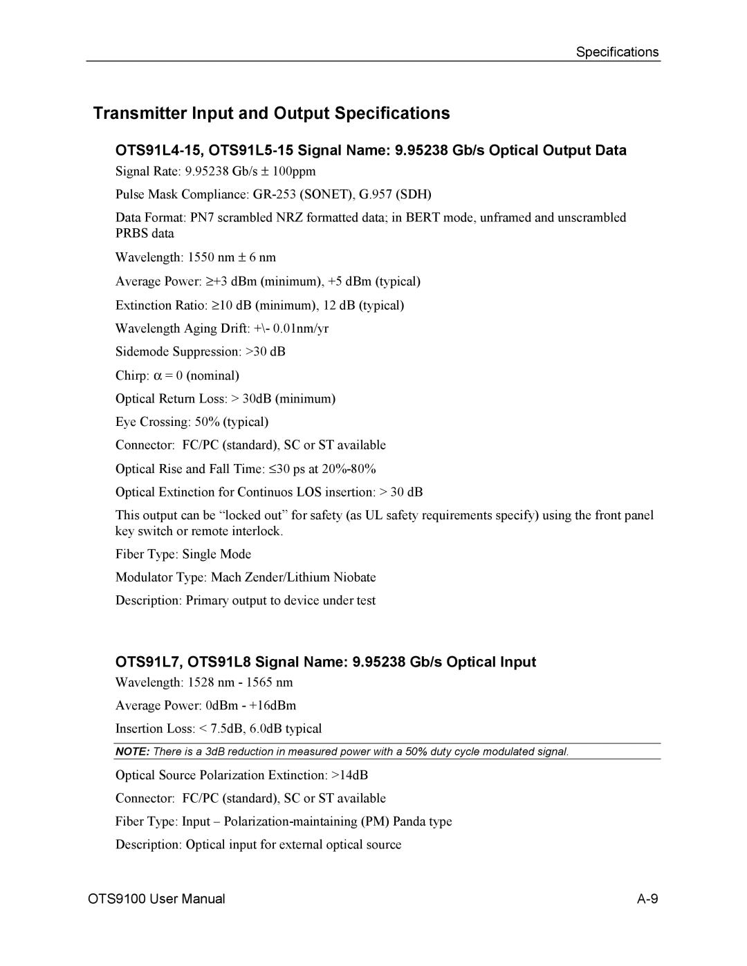 Tektronix 071-0855-05 Transmitter Input and Output Specifications, OTS91L7, OTS91L8 Signal Name 9.95238 Gb/s Optical Input 