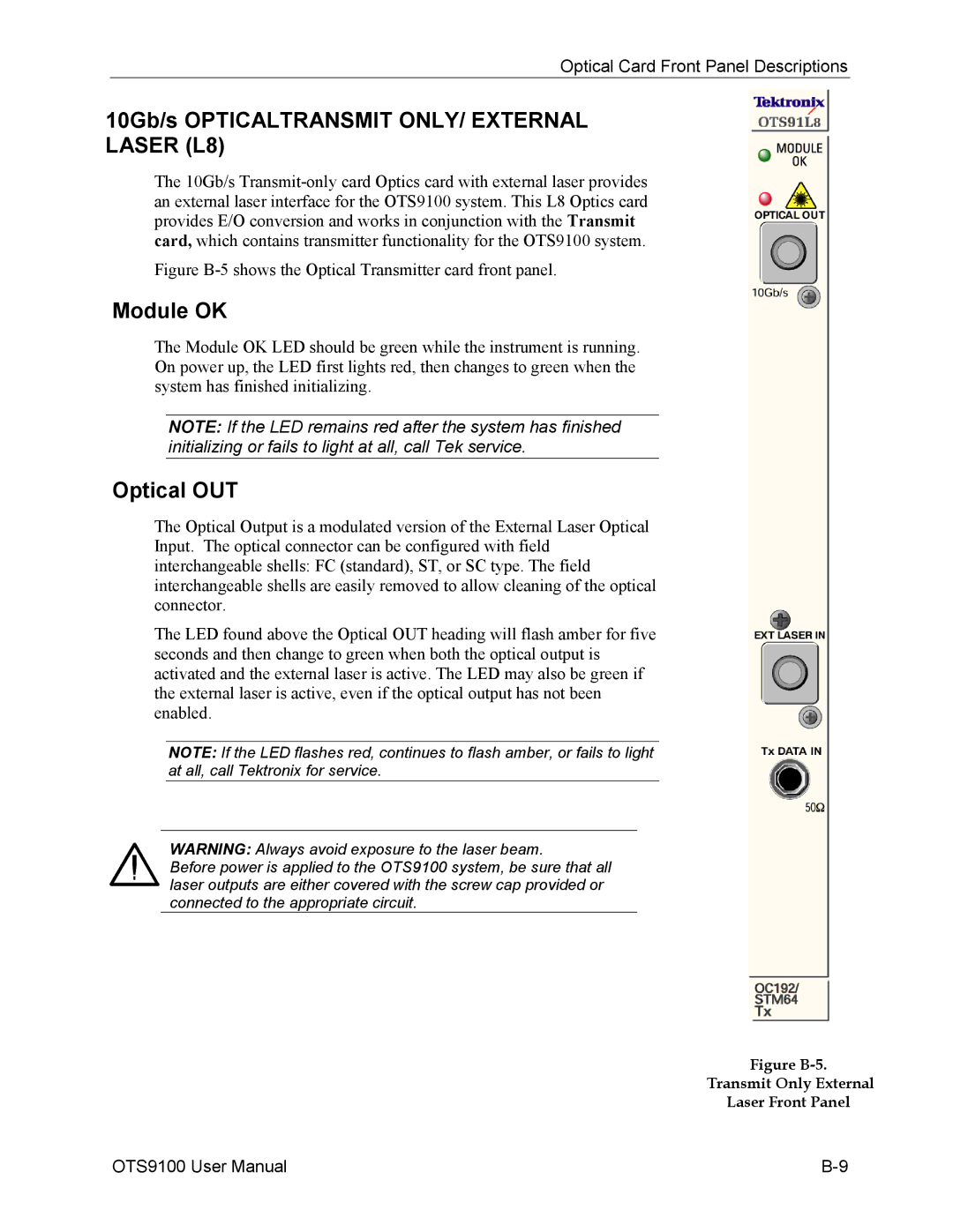 Tektronix 071-0855-05 user manual 10Gb/s Opticaltransmit ONLY/ External Laser L8 