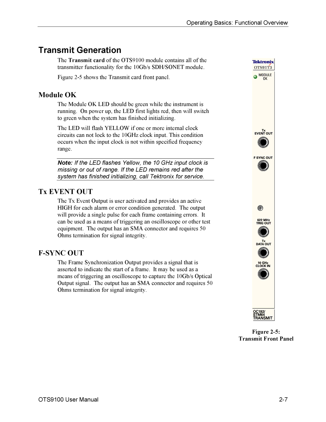 Tektronix 071-0855-05 user manual Transmit Generation, Tx Event OUT, Transmit Front Panel 