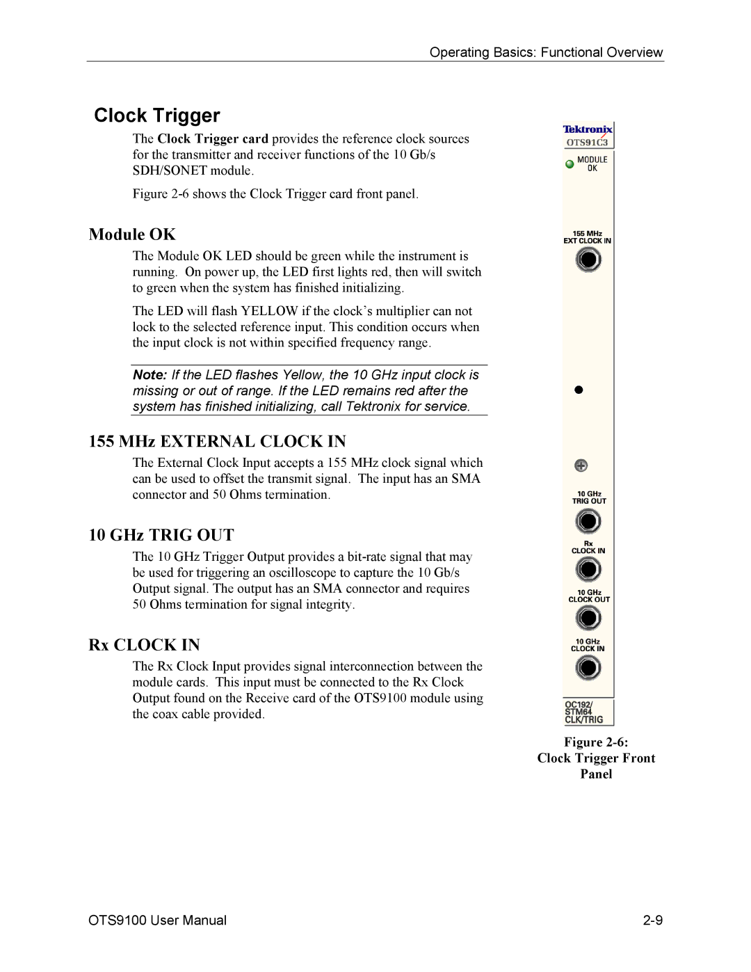 Tektronix 071-0855-05 user manual MHz External Clock, GHz Trig OUT, Rx Clock, Clock Trigger Front Panel 