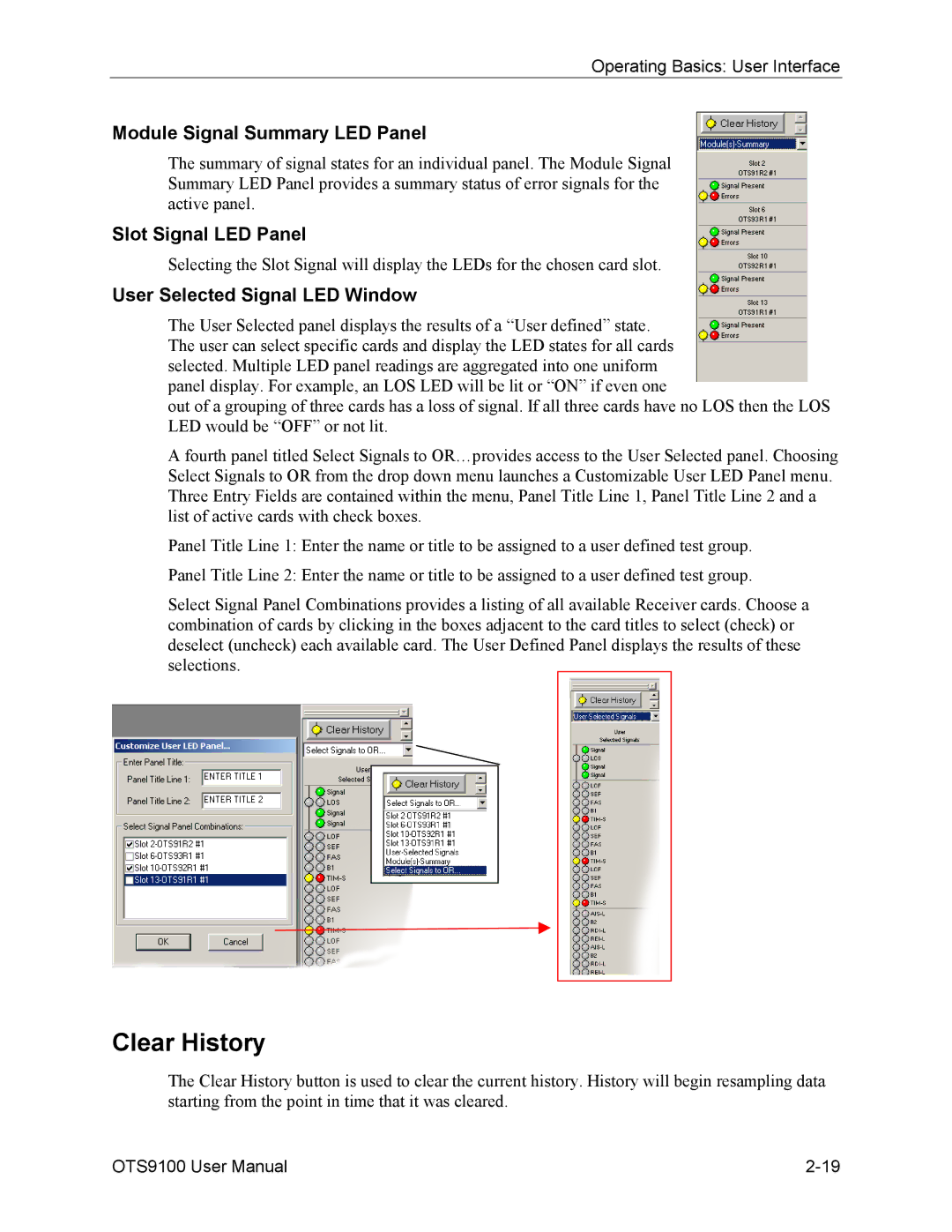 Tektronix 071-0855-05 user manual Clear History, Module Signal Summary LED Panel, Slot Signal LED Panel 