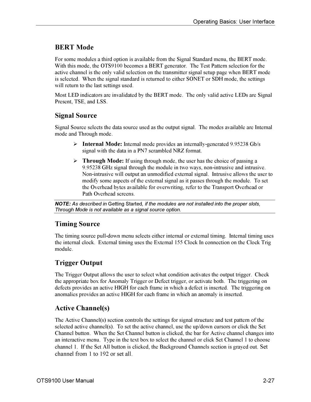 Tektronix 071-0855-05 user manual Bert Mode, Signal Source, Timing Source, Trigger Output, Active Channels 