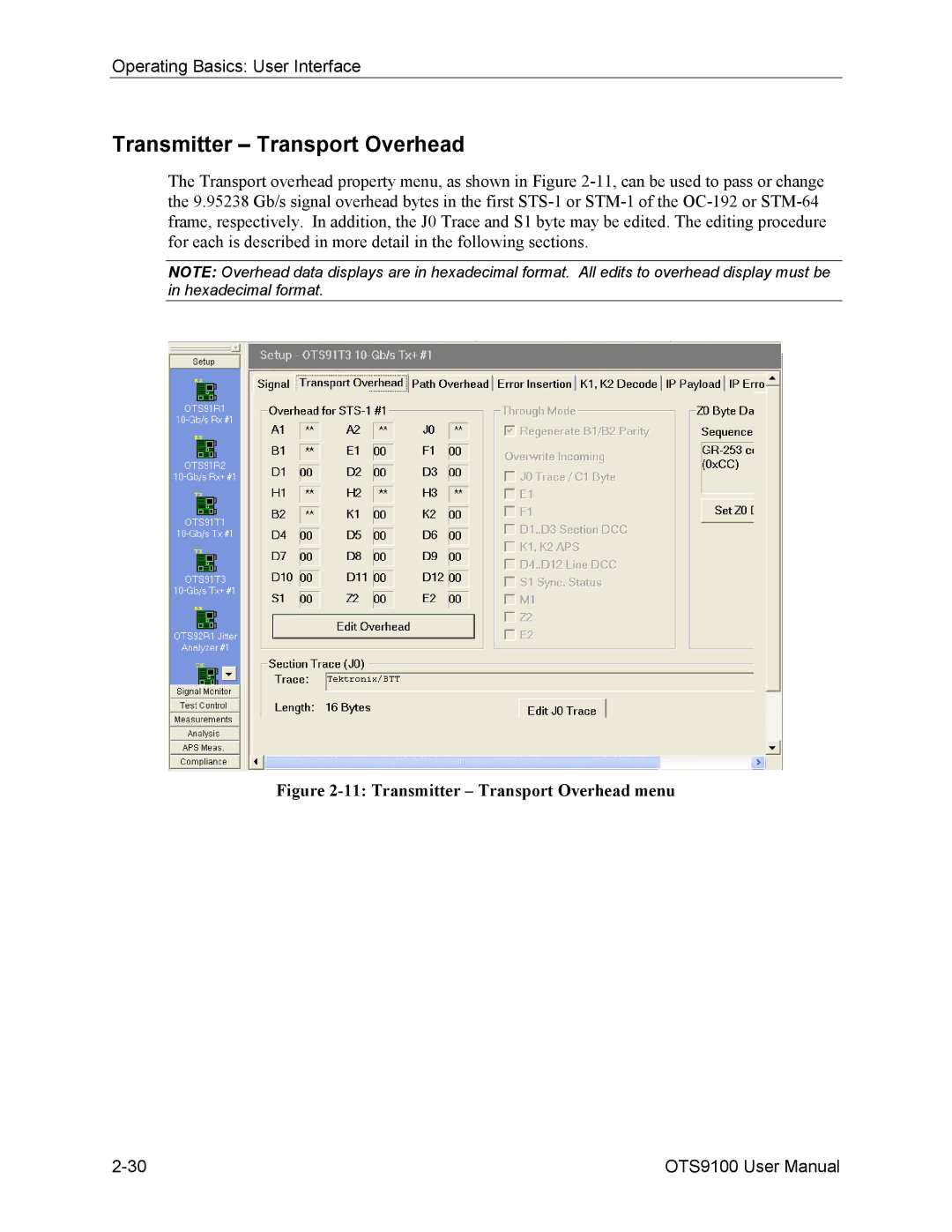 Tektronix 071-0855-05 user manual Transmitter Transport Overhead menu 