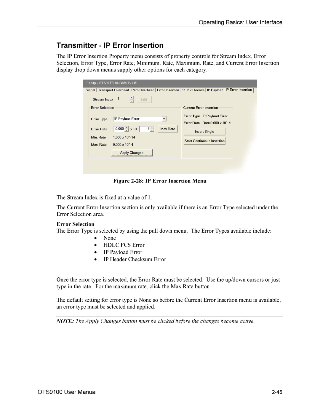 Tektronix 071-0855-05 user manual Transmitter IP Error Insertion, Error Selection 