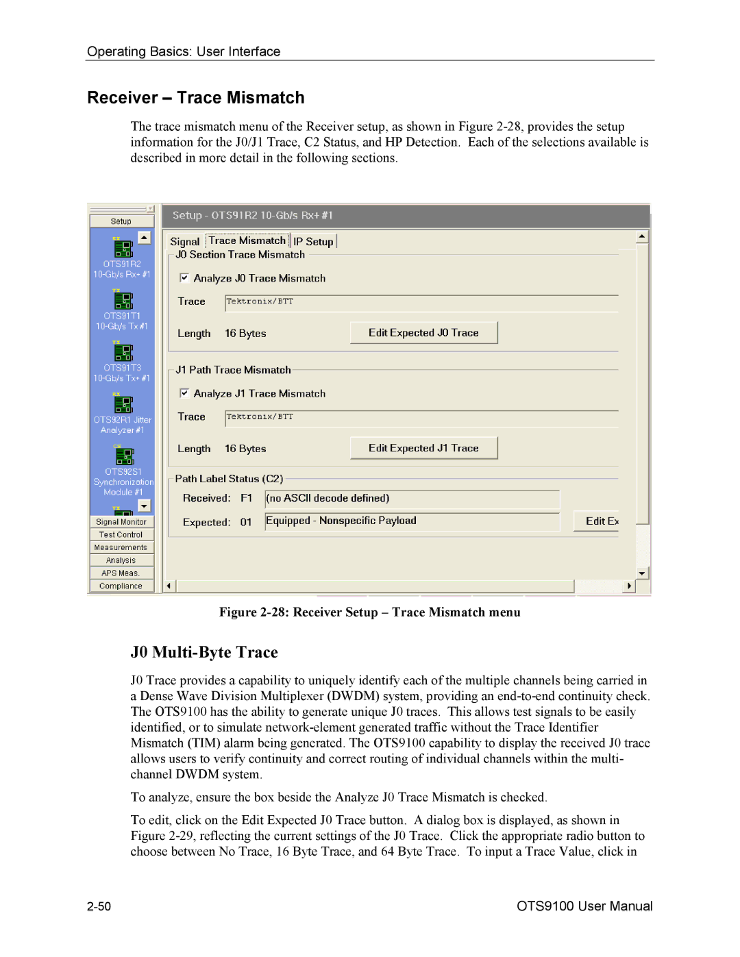 Tektronix 071-0855-05 user manual Receiver Trace Mismatch, Receiver Setup Trace Mismatch menu 