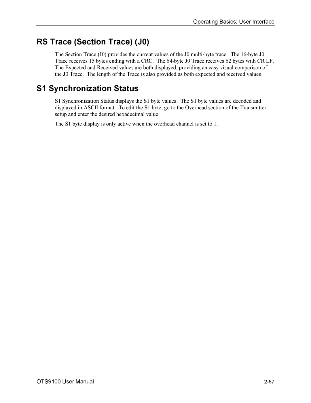 Tektronix 071-0855-05 user manual RS Trace Section Trace J0, S1 Synchronization Status 