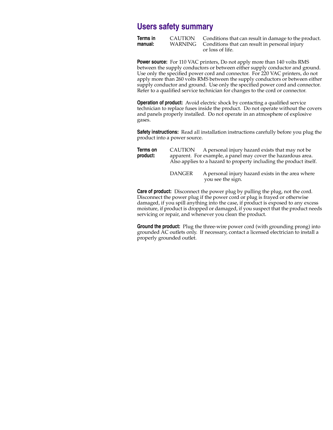 Tektronix 1235 manual Users safety summary 