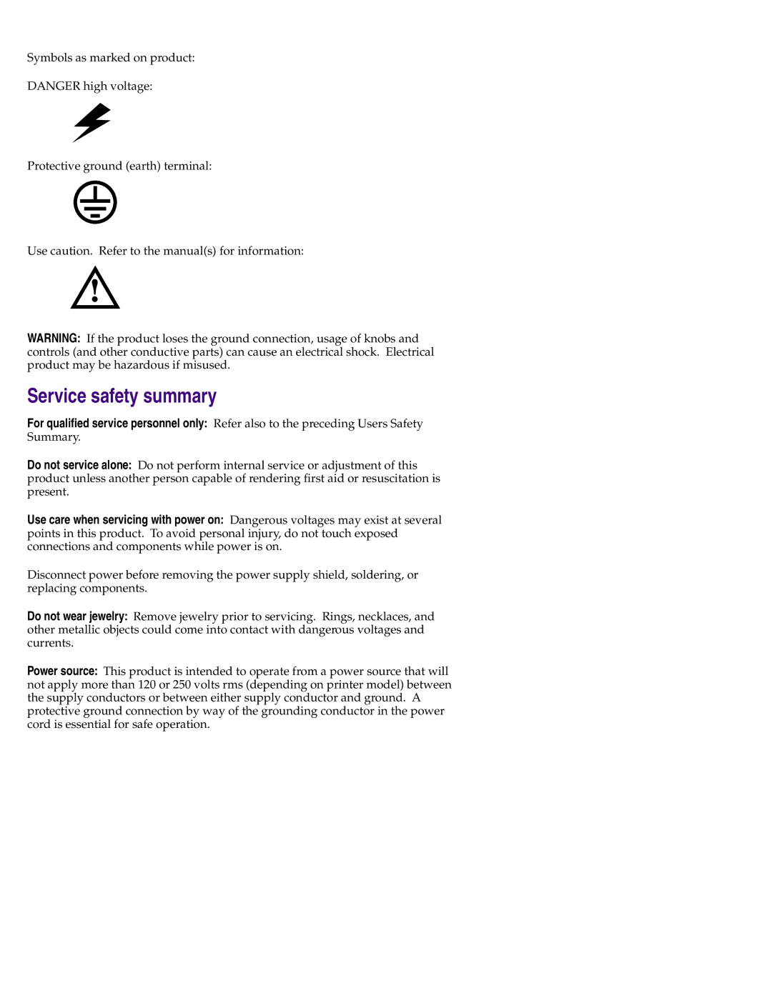 Tektronix 1235 manual Service safety summary 