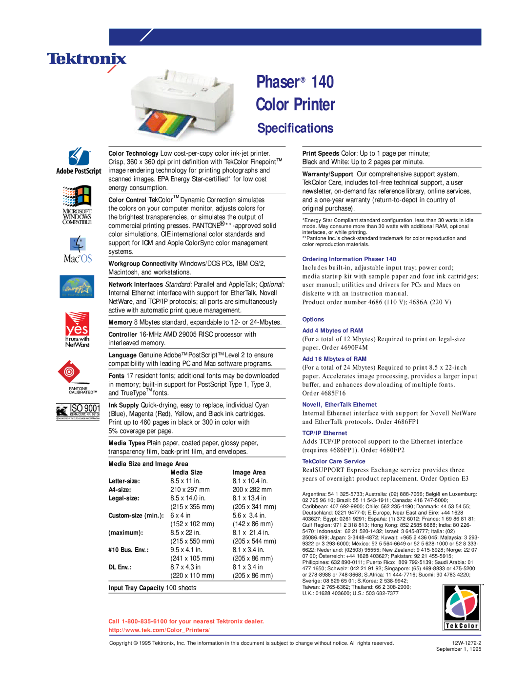 Tektronix 140 Ordering Information Phaser, Options Add 4 Mbytes of RAM, Add 16 Mbytes of RAM, Novell, EtherTalk Ethernet 