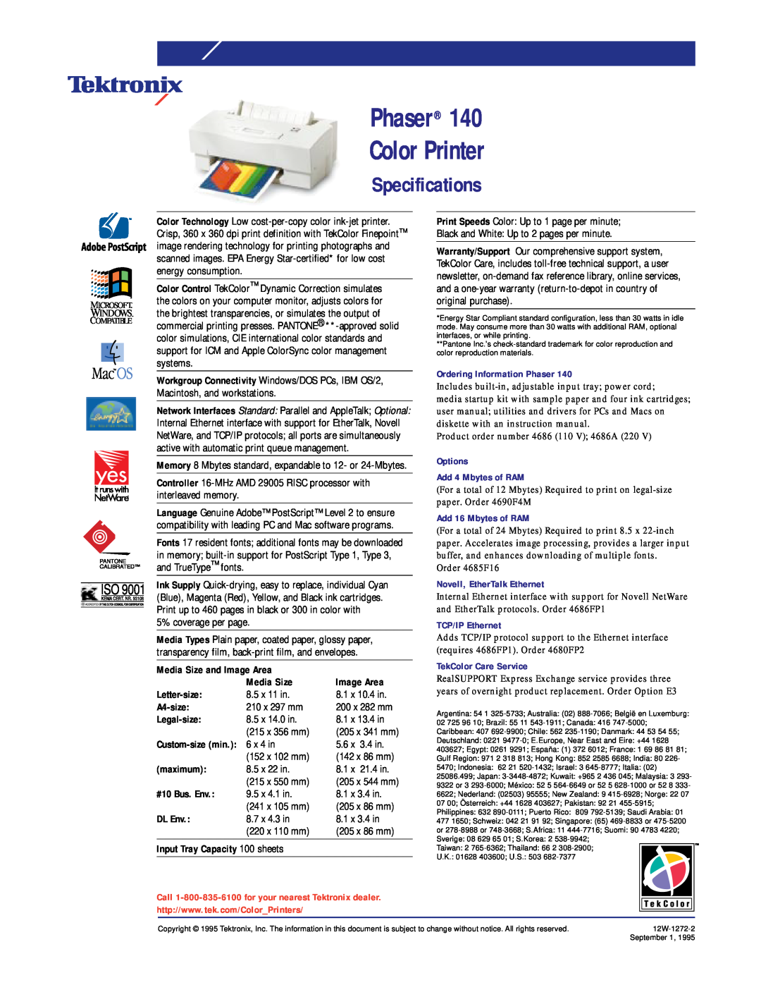 Tektronix specifications Specifications, Phaser 140 Color Printer 