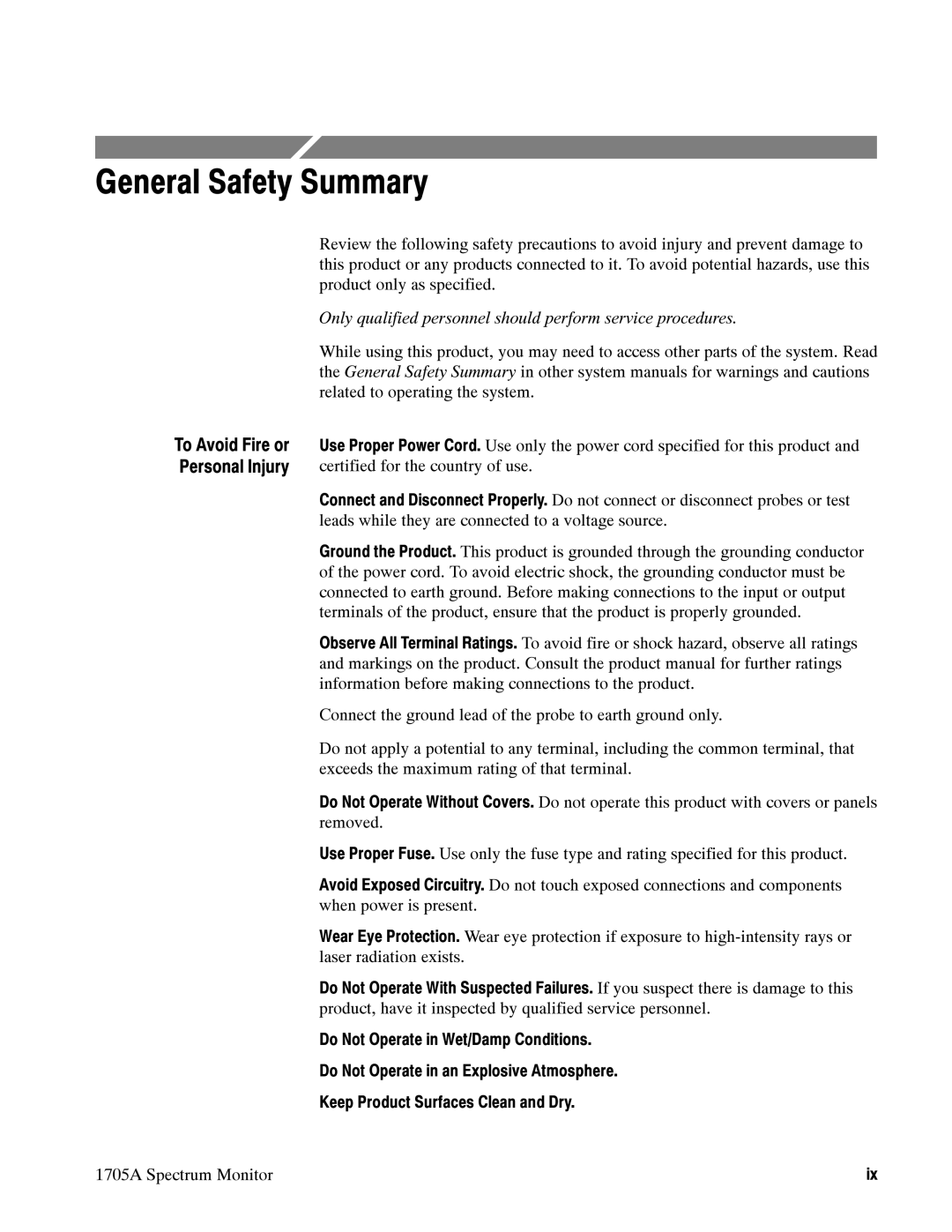 Tektronix 1705A instruction manual General Safety Summary 