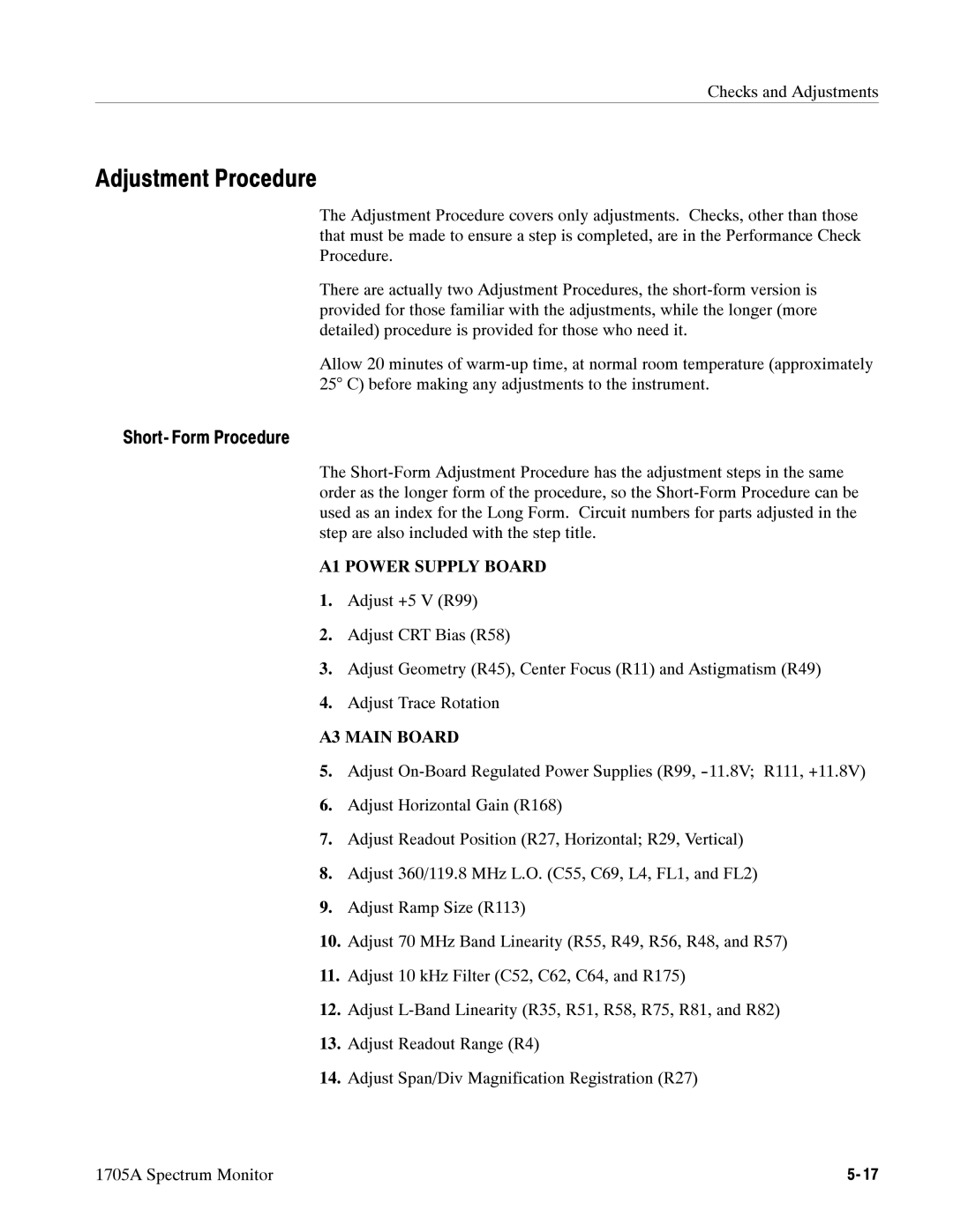 Tektronix 1705A instruction manual Adjustment Procedure, Short- Form Procedure 