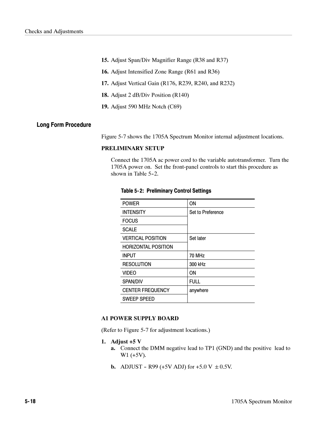 Tektronix 1705A instruction manual Preliminary Setup, Video SPAN/DIV Full Center Frequency 