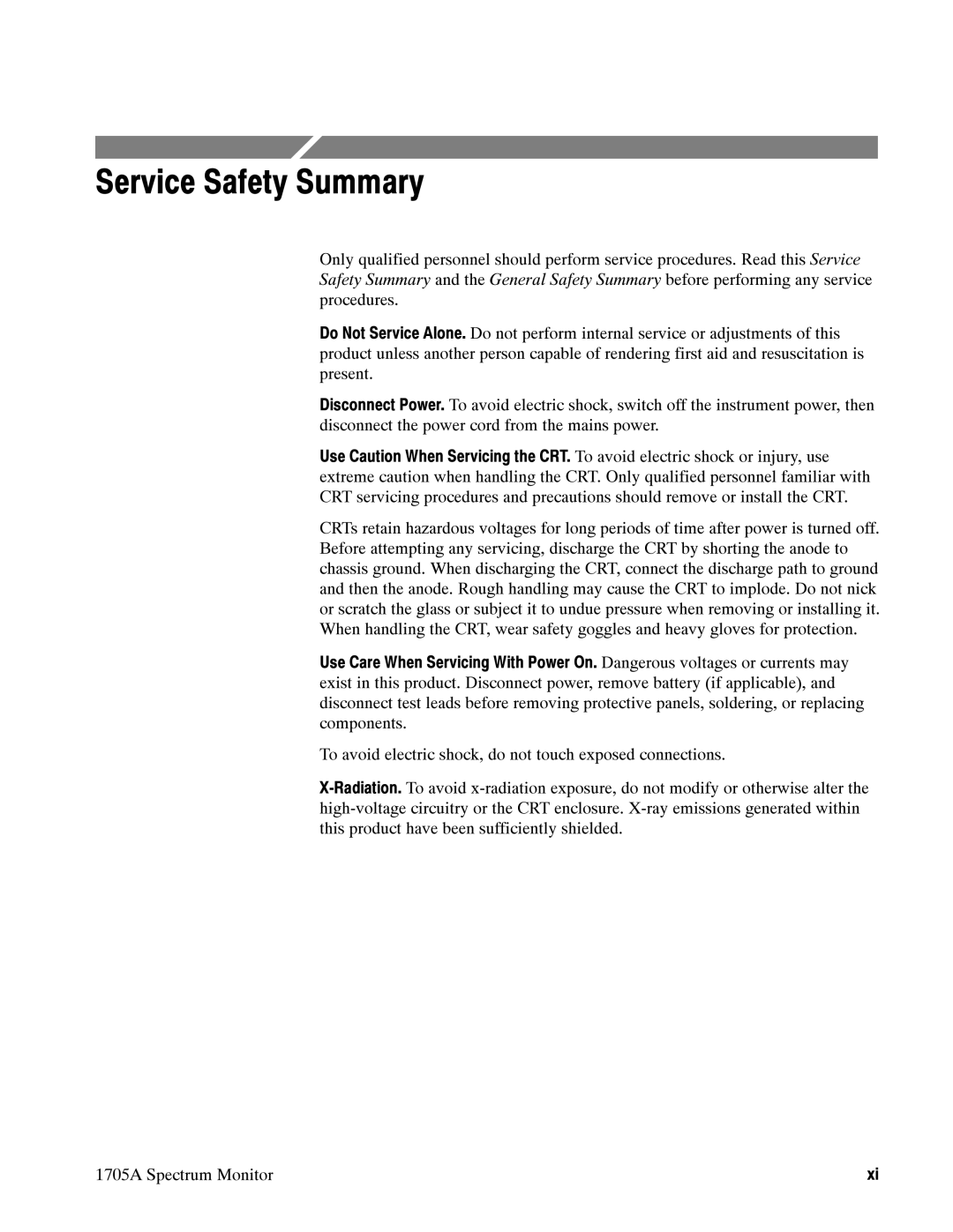 Tektronix 1705A instruction manual Service Safety Summary 