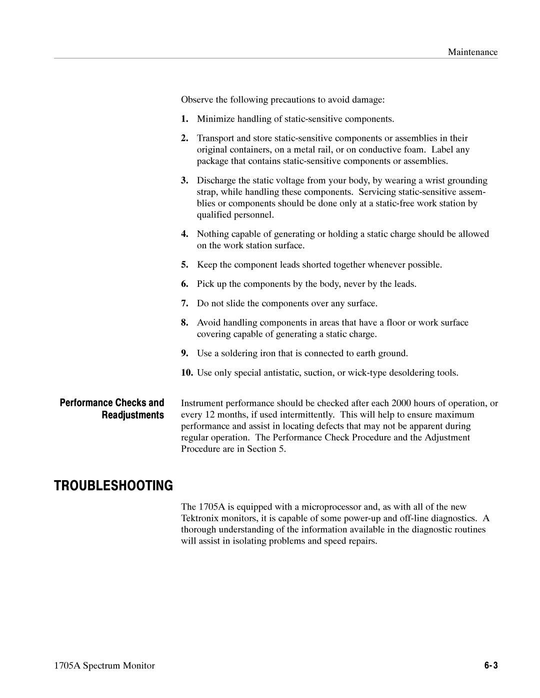 Tektronix 1705A instruction manual Troubleshooting 