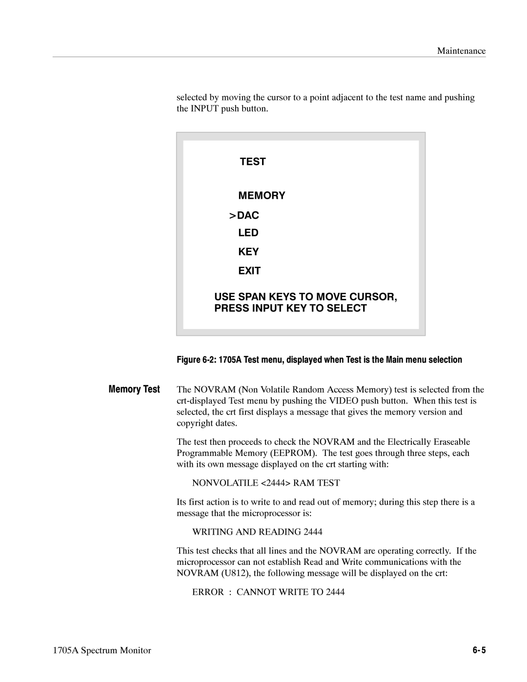 Tektronix 1705A instruction manual Nonvolatile 2444 RAM Test 