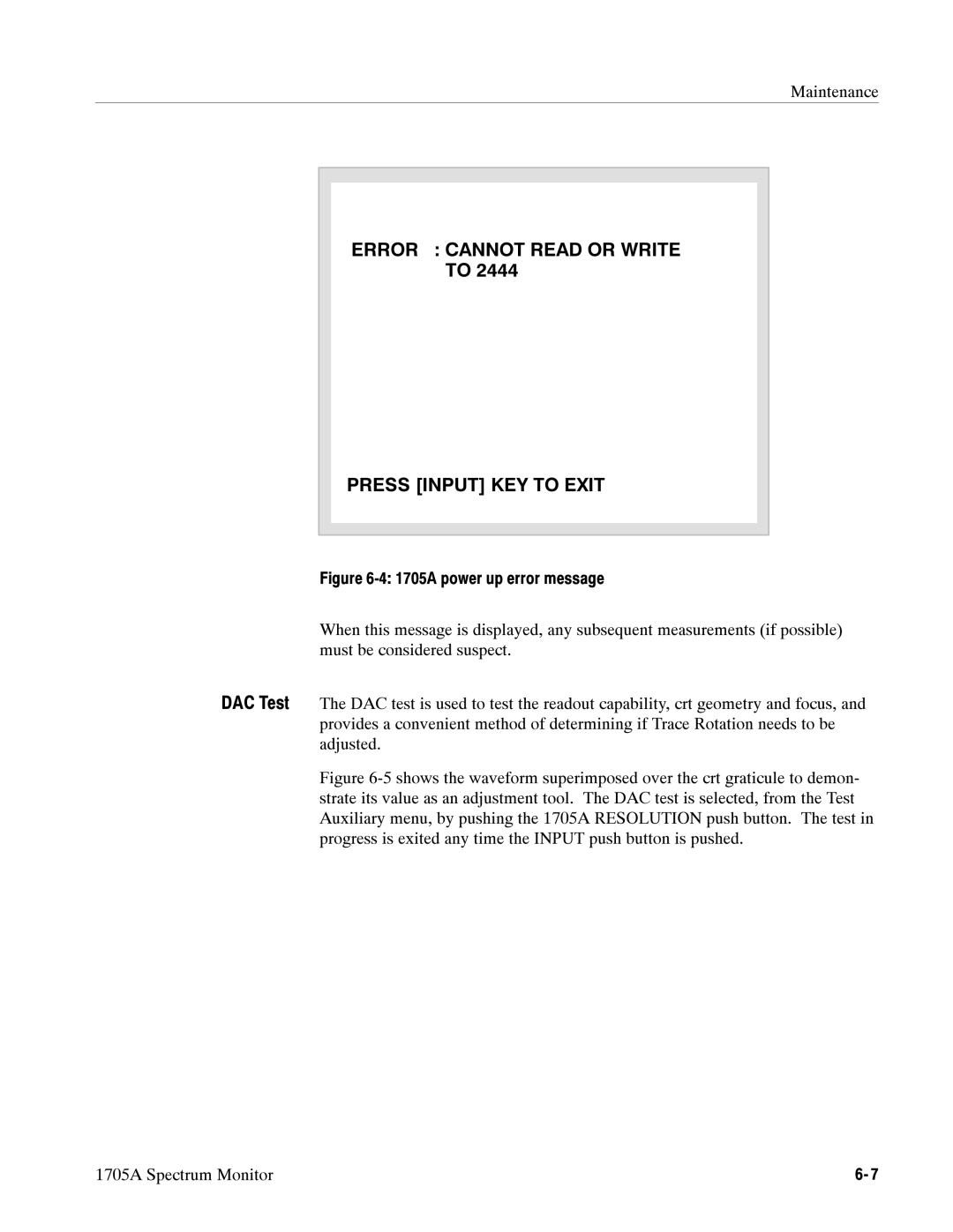 Tektronix 1705A instruction manual Error Cannot Read or Write Press Input KEY to Exit 