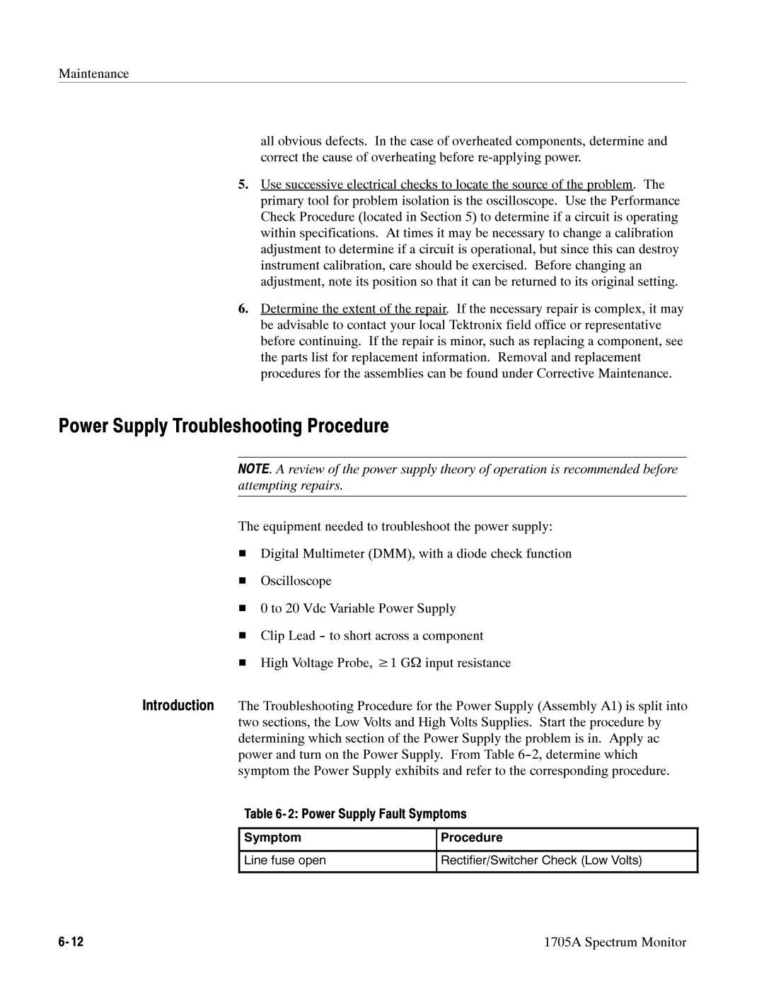 Tektronix 1705A instruction manual Power Supply Troubleshooting Procedure, Power Supply Fault Symptoms 