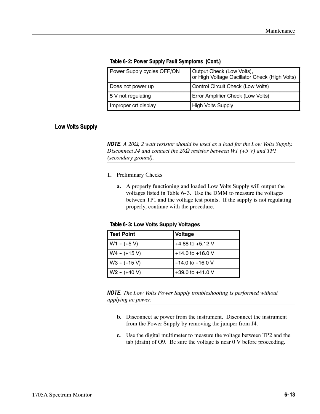 Tektronix 1705A instruction manual Low Volts Supply, Maintenance Power Supply Fault Symptoms 