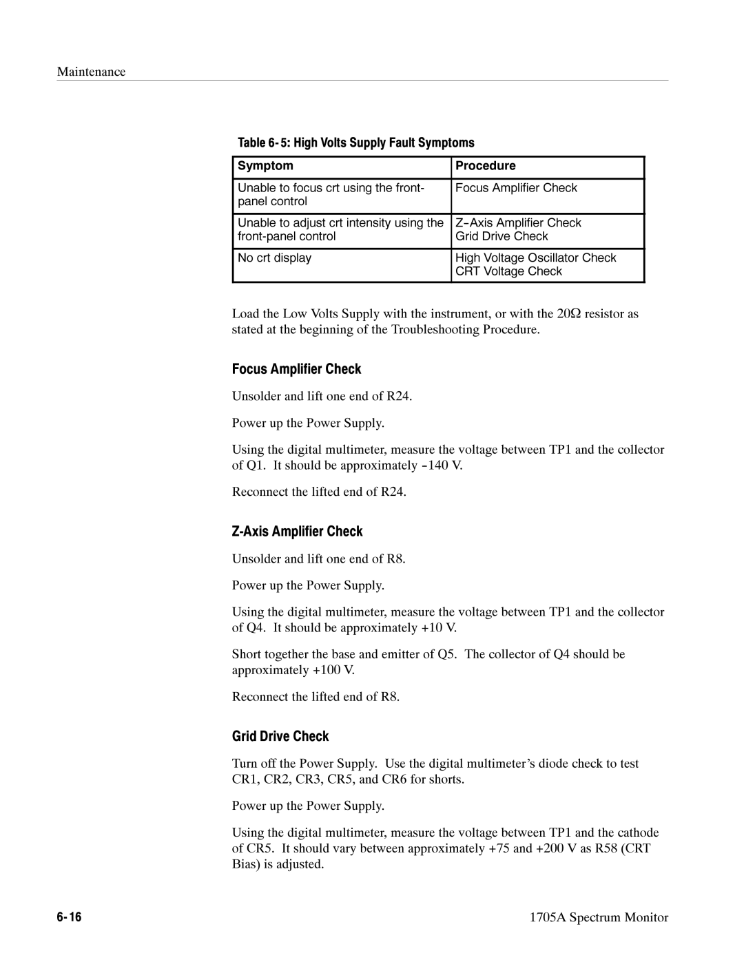 Tektronix 1705A instruction manual Focus Amplifier Check, Axis Amplifier Check, Grid Drive Check 