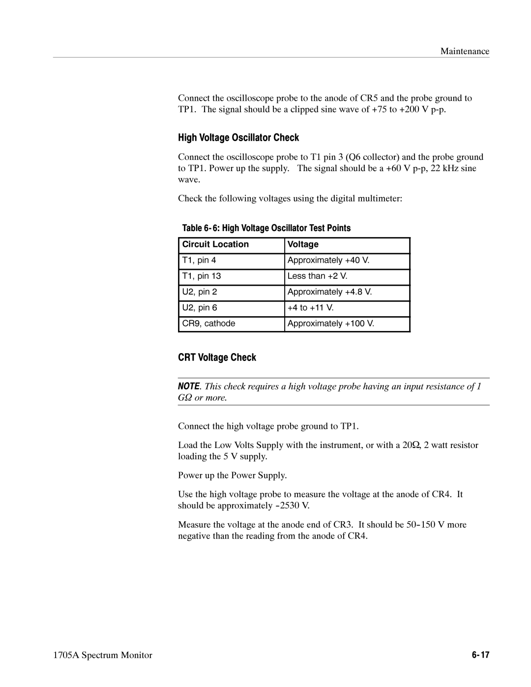 Tektronix 1705A instruction manual High Voltage Oscillator Check, CRT Voltage Check 