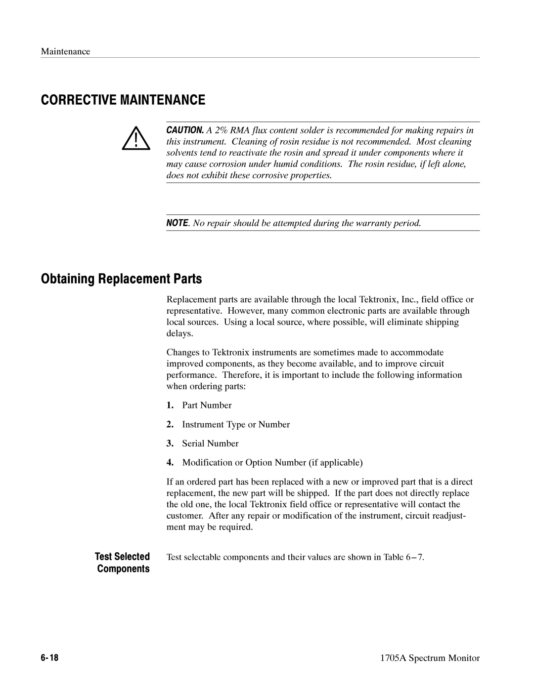 Tektronix 1705A instruction manual Corrective Maintenance, Obtaining Replacement Parts 