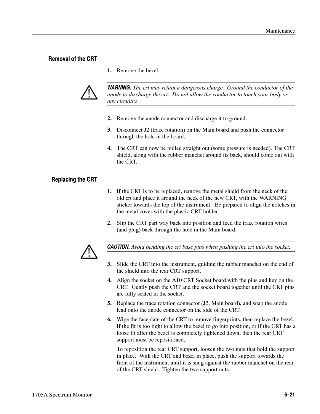 Tektronix 1705A instruction manual Removal of the CRT, Replacing the CRT 