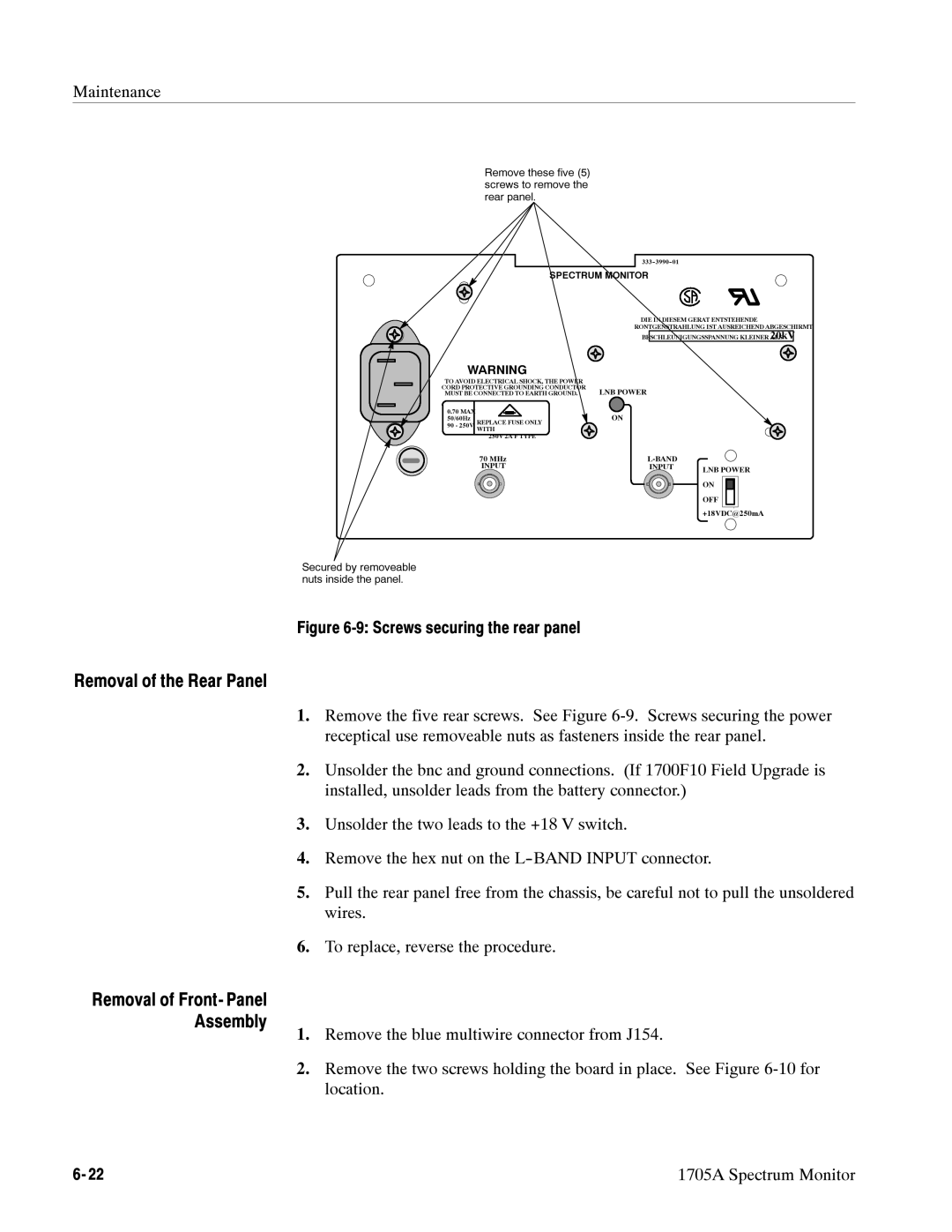 Tektronix 1705A instruction manual Removal of the Rear Panel, Removal of Front- Panel Assembly 