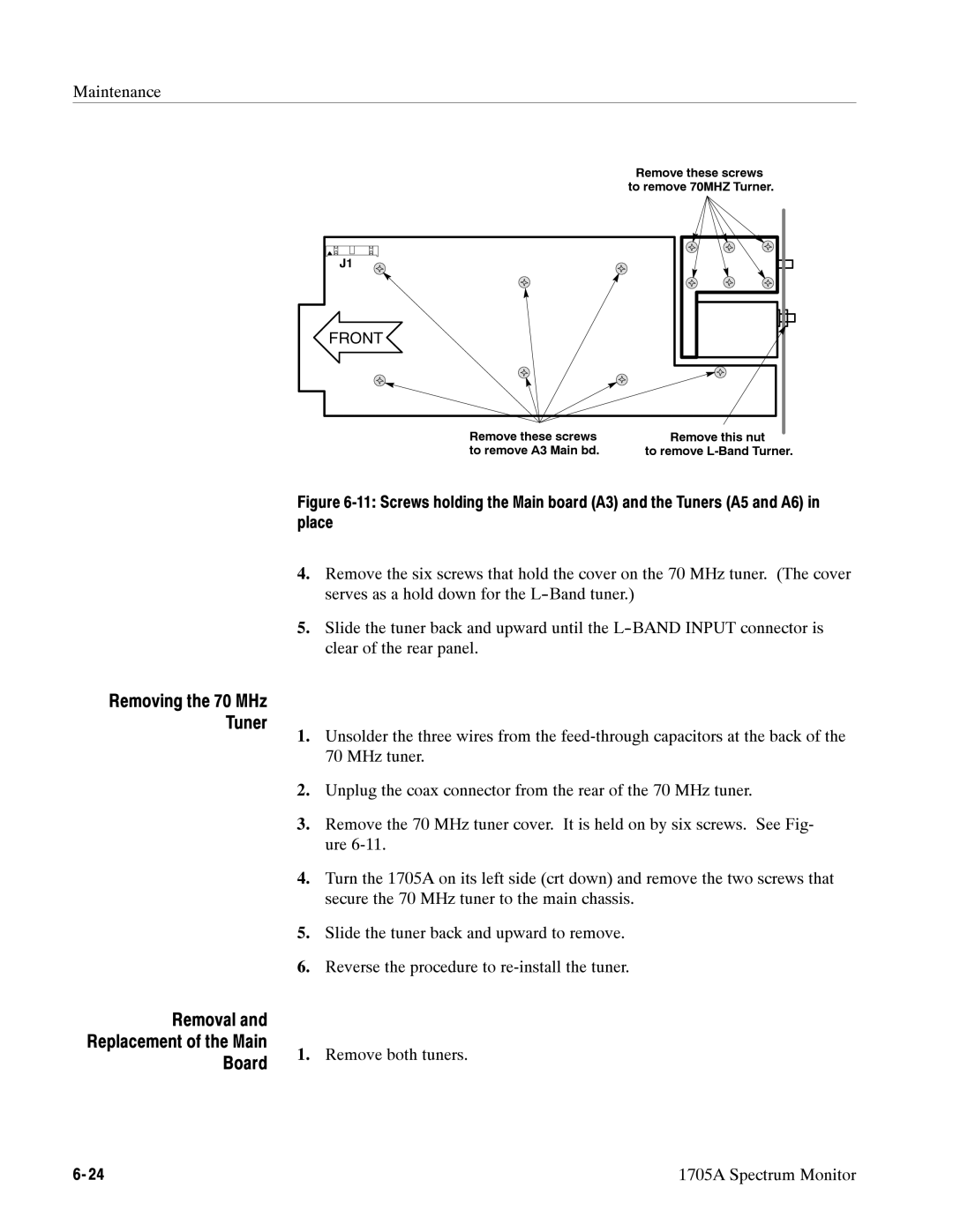 Tektronix 1705A instruction manual Removal Replacement of the Main Board, Front 