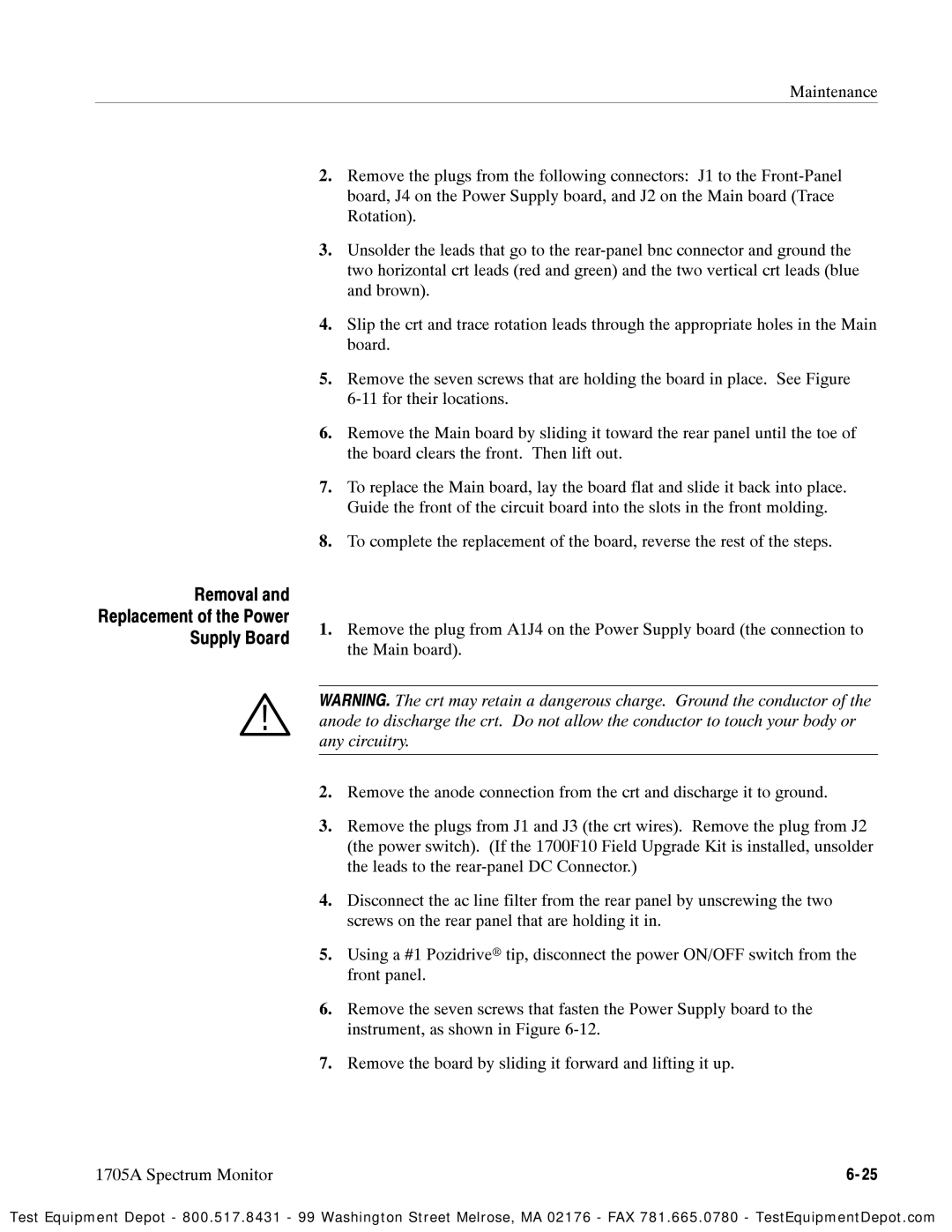 Tektronix 1705A instruction manual Removal Replacement of the Power Supply Board 