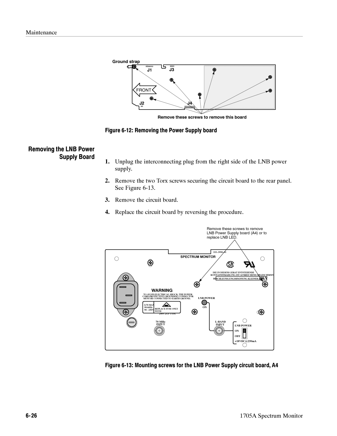 Tektronix 1705A instruction manual Removing the LNB Power Supply Board, Front 