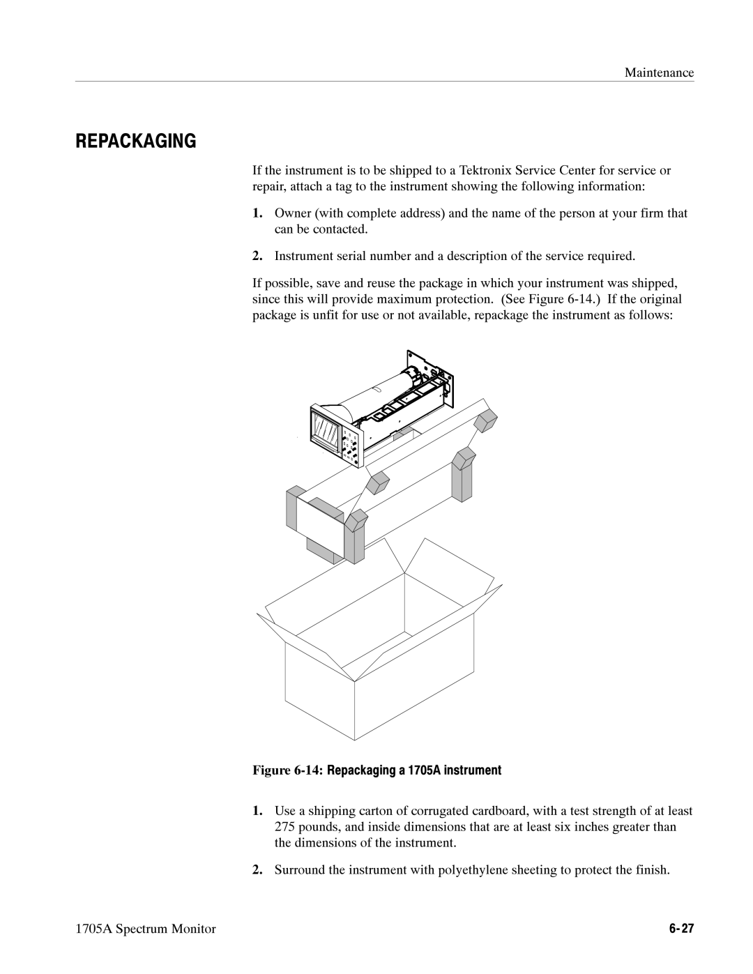 Tektronix 1705A instruction manual Repackaging 