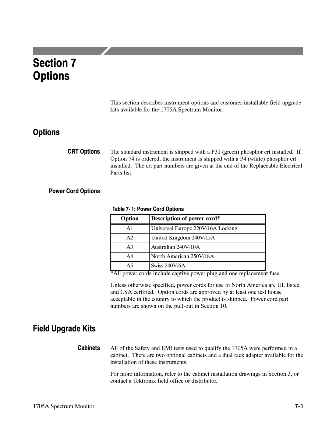 Tektronix 1705A instruction manual Section Options, Field Upgrade Kits, Power Cord Options Description of power cord 