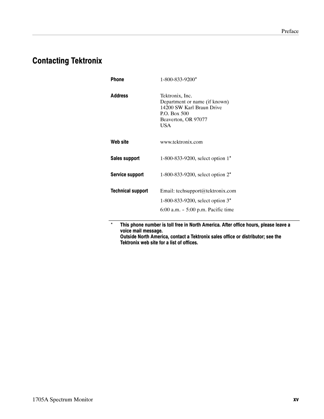 Tektronix 1705A instruction manual Contacting Tektronix, Preface, Usa 