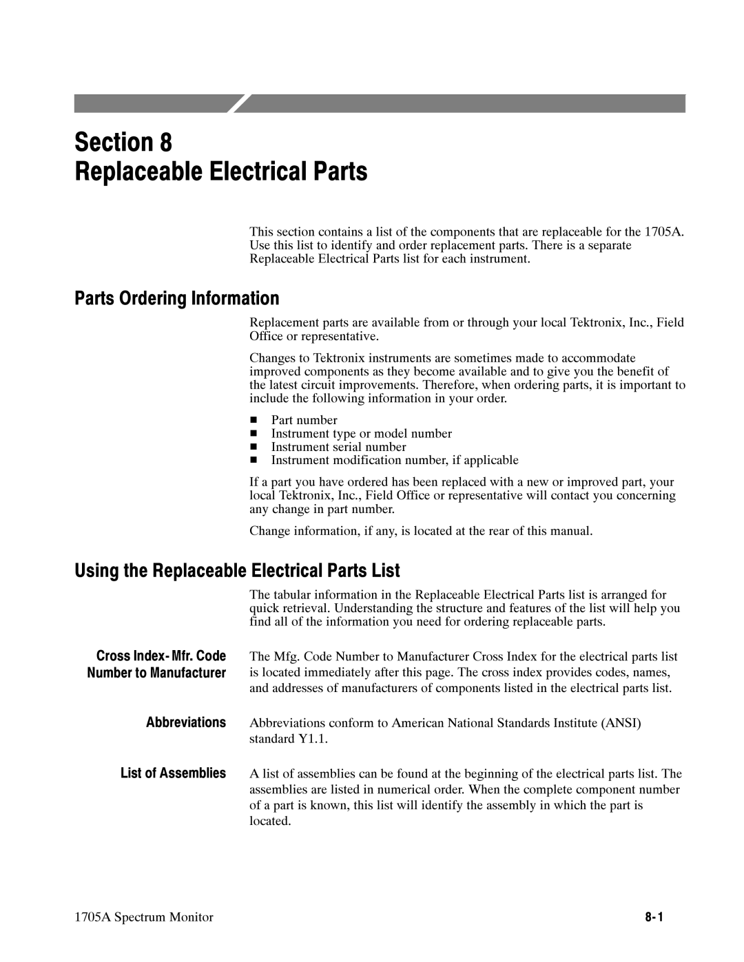 Tektronix 1705A instruction manual Section Replaceable Electrical Parts, Parts Ordering Information 