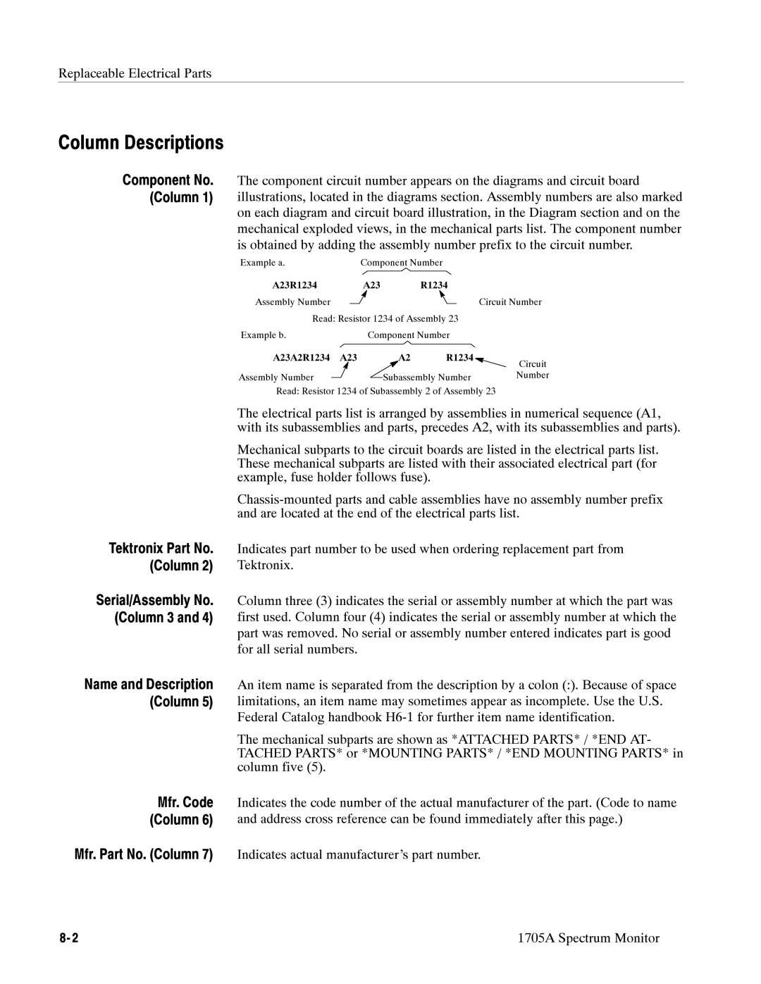 Tektronix 1705A instruction manual Column Descriptions, Tektronix Part No, Column 3 