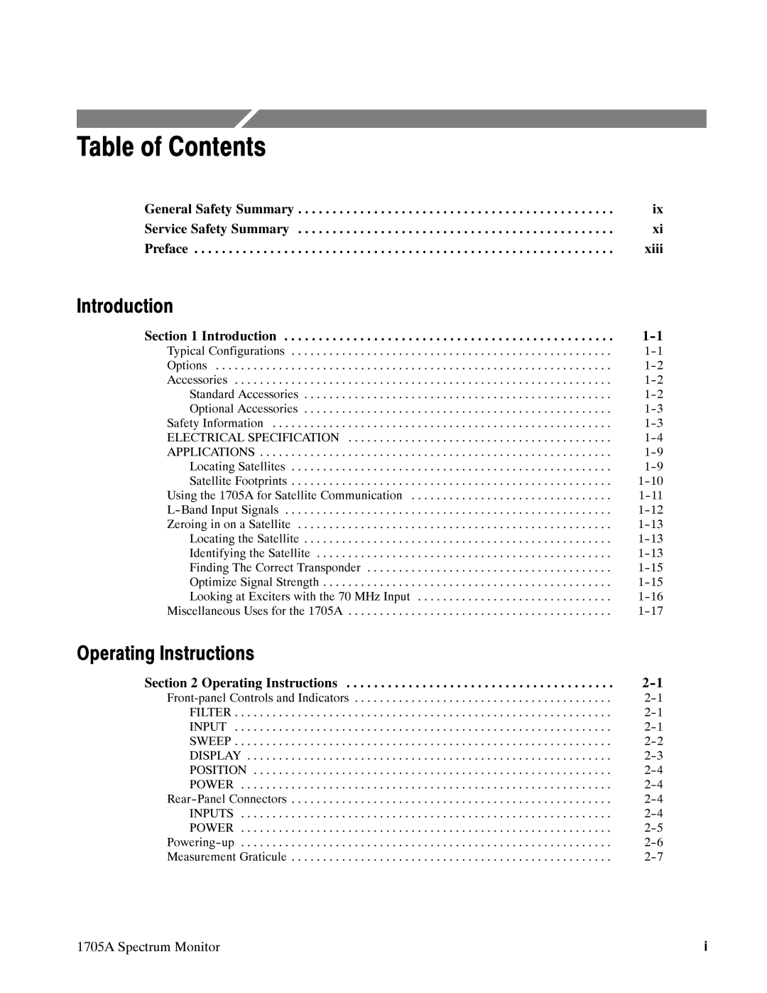 Tektronix 1705A instruction manual Table of Contents 