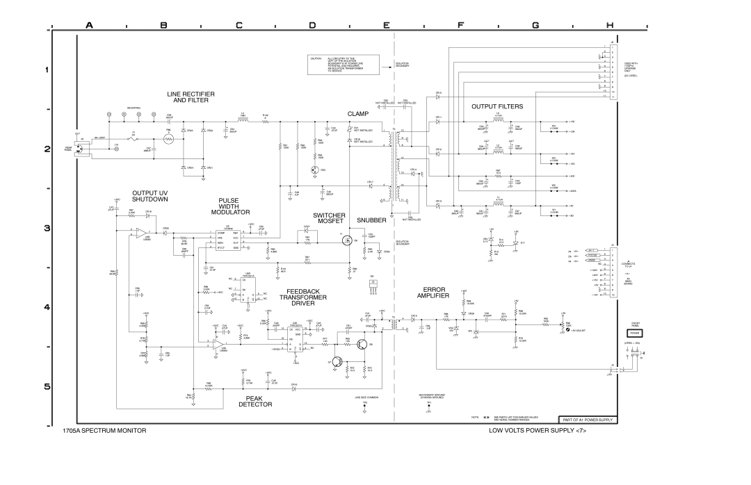 Tektronix 1705A Line Rectifier, Output Filters, Clamp, Output UV, Shutdown Pulse, Width, Modulator, Switcher, Error, Peak 