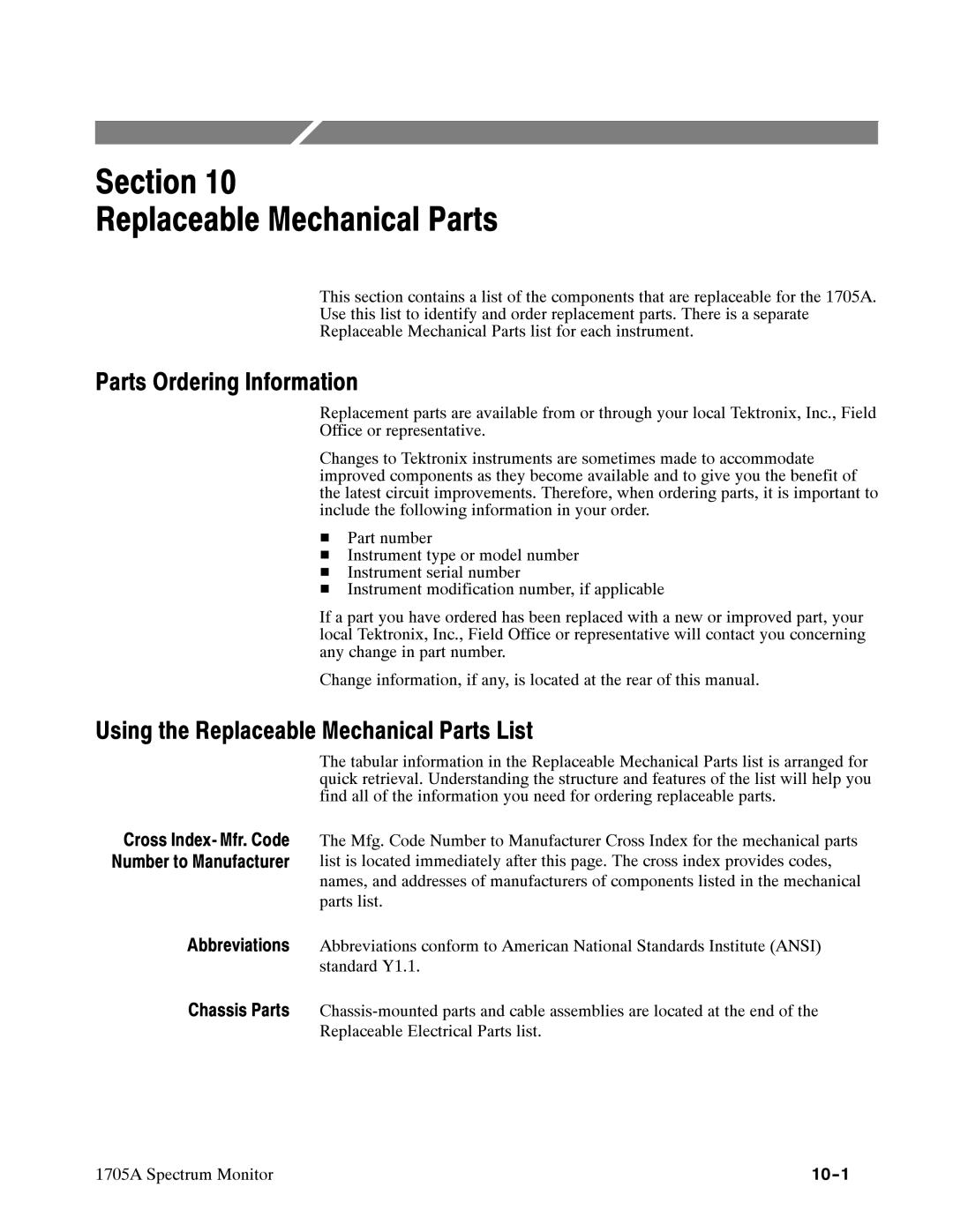 Tektronix 1705A instruction manual Section Replaceable Mechanical Parts, Using the Replaceable Mechanical Parts List 