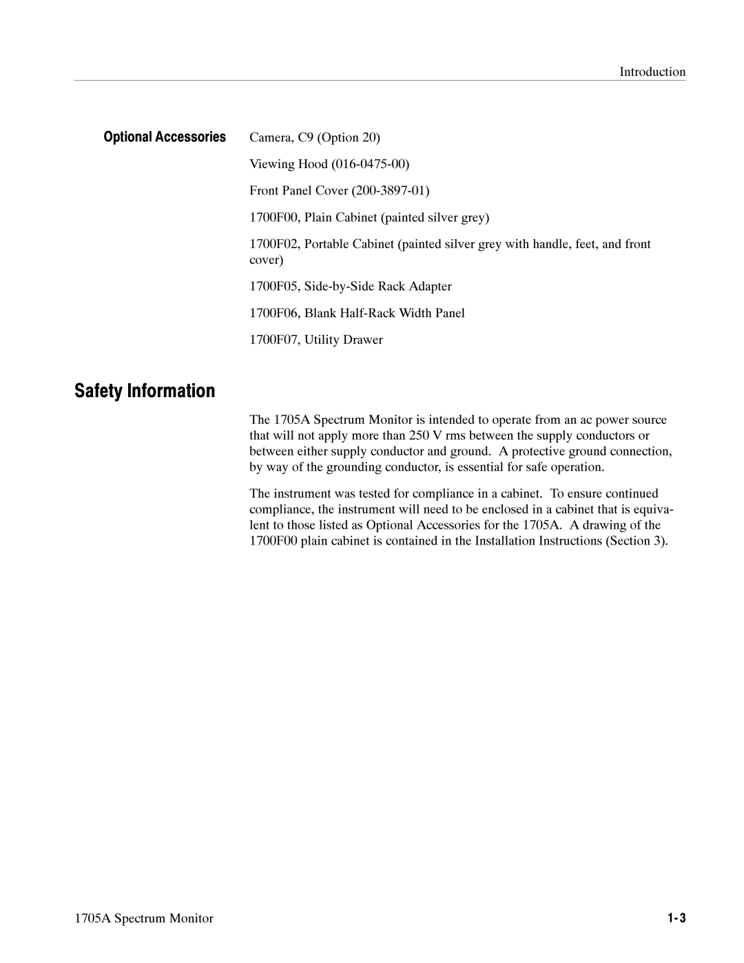 Tektronix 1705A instruction manual Safety Information, Optional Accessories 