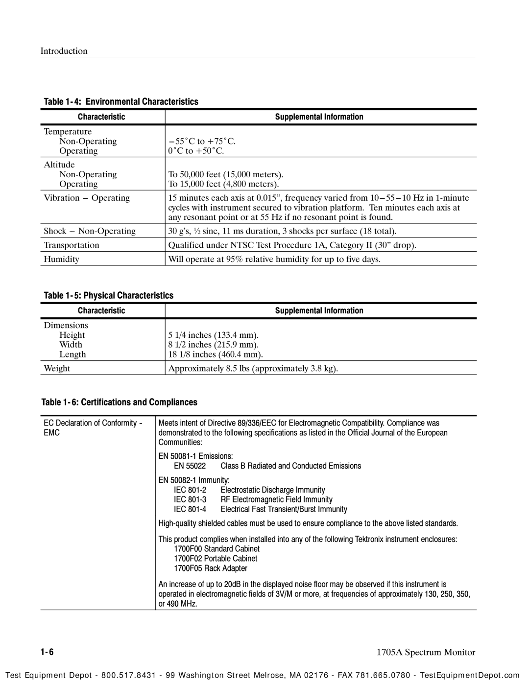 Tektronix 1705A Introduction Environmental Characteristics, Physical Characteristics, Certifications and Compliances, Emc 