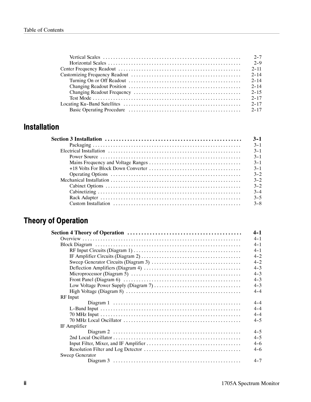 Tektronix 1705A instruction manual Installation, Theory of Operation, Table of Contents 