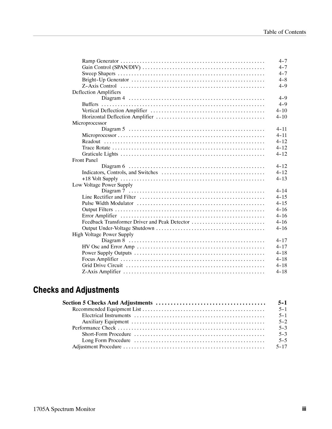 Tektronix instruction manual Checks and Adjustments, 1705A Spectrum Monitor Iii 