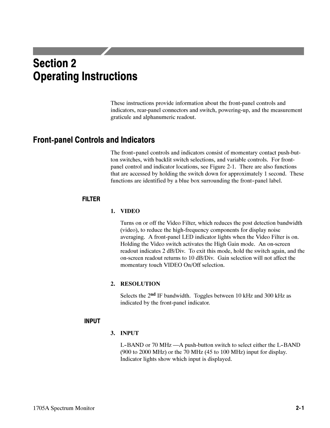 Tektronix 1705A instruction manual Section Operating Instructions, Front-panel Controls and Indicators 