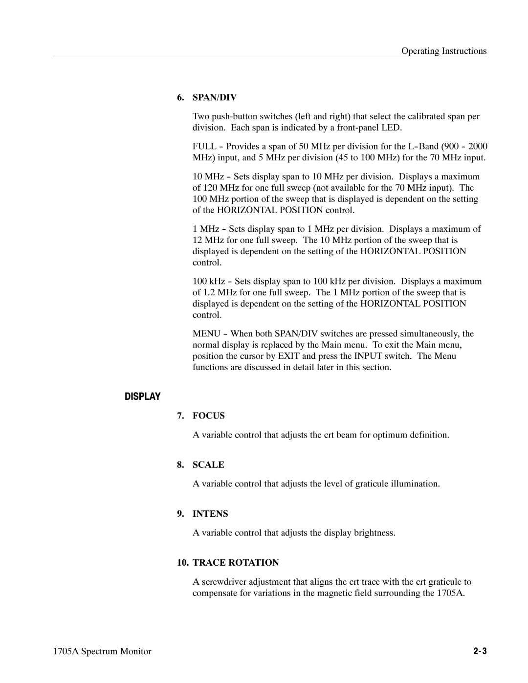 Tektronix 1705A instruction manual Span/Div, Variable control that adjusts the display brightness 